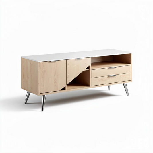 Mobiletto in legno di betulla con ripiano bianco e piedi in metallo 120 x 40 x 50cm