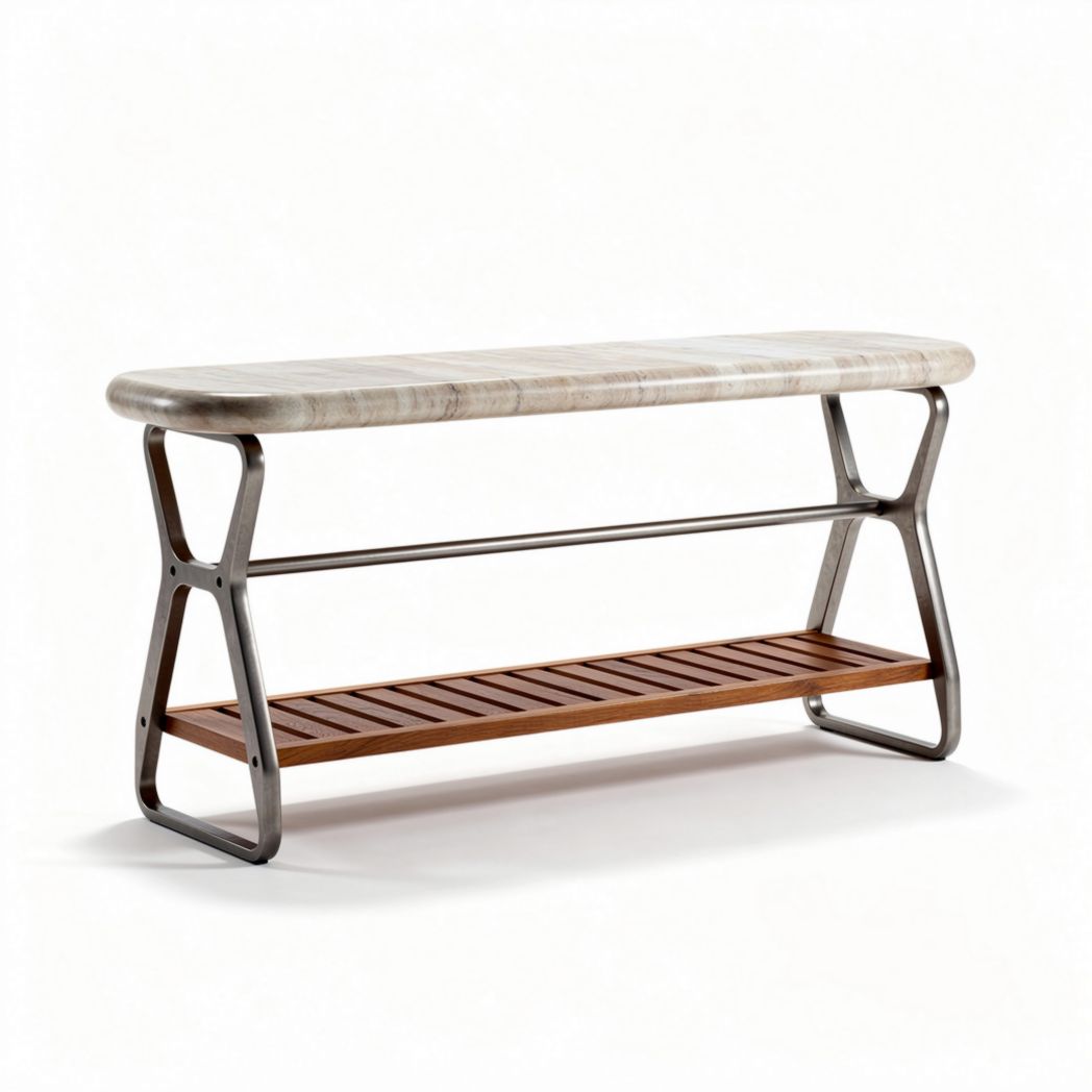 Panchina in legno con struttura metallica e piano in marmo 120 x 40 x 80cm