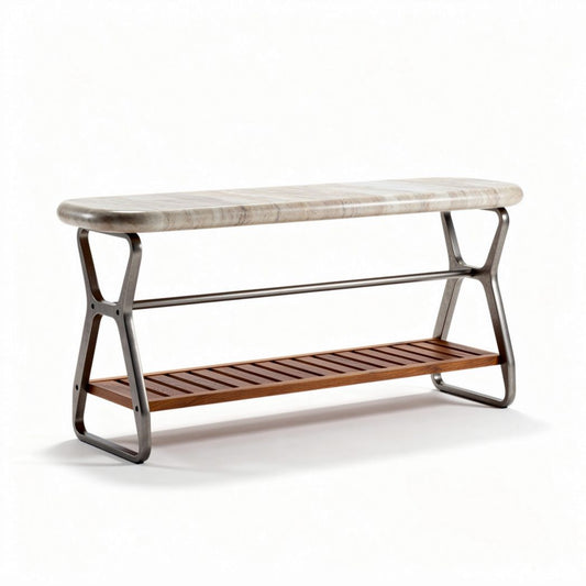 Panchina in legno con struttura metallica e piano in marmo 120 x 40 x 80cm