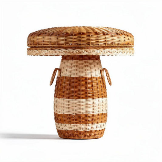 Puff in rattan intrecciato a forma di fungo con colori beige e marrone 40 x 40 x 50cm